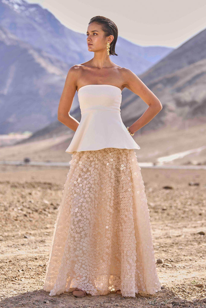 IVORY PEPLUM TOP & 3D FLORAL SEQUIN SKIRT - dash and dot dash and dot