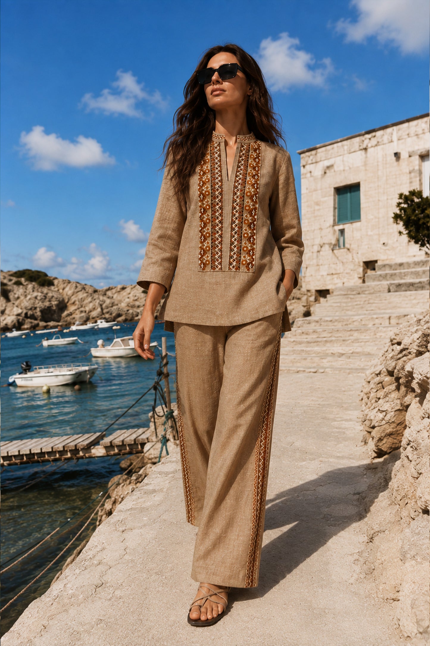 EMBROIDERED LINEN-TEXTURED LONGLINE TOP & WIDE-LEGGED PANT SET