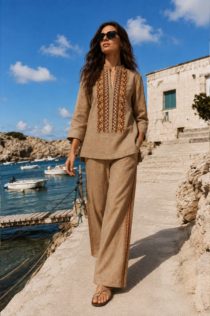 EMBROIDERED LINEN-TEXTURED LONGLINE TOP & WIDE-LEGGED PANT SET dash and dot