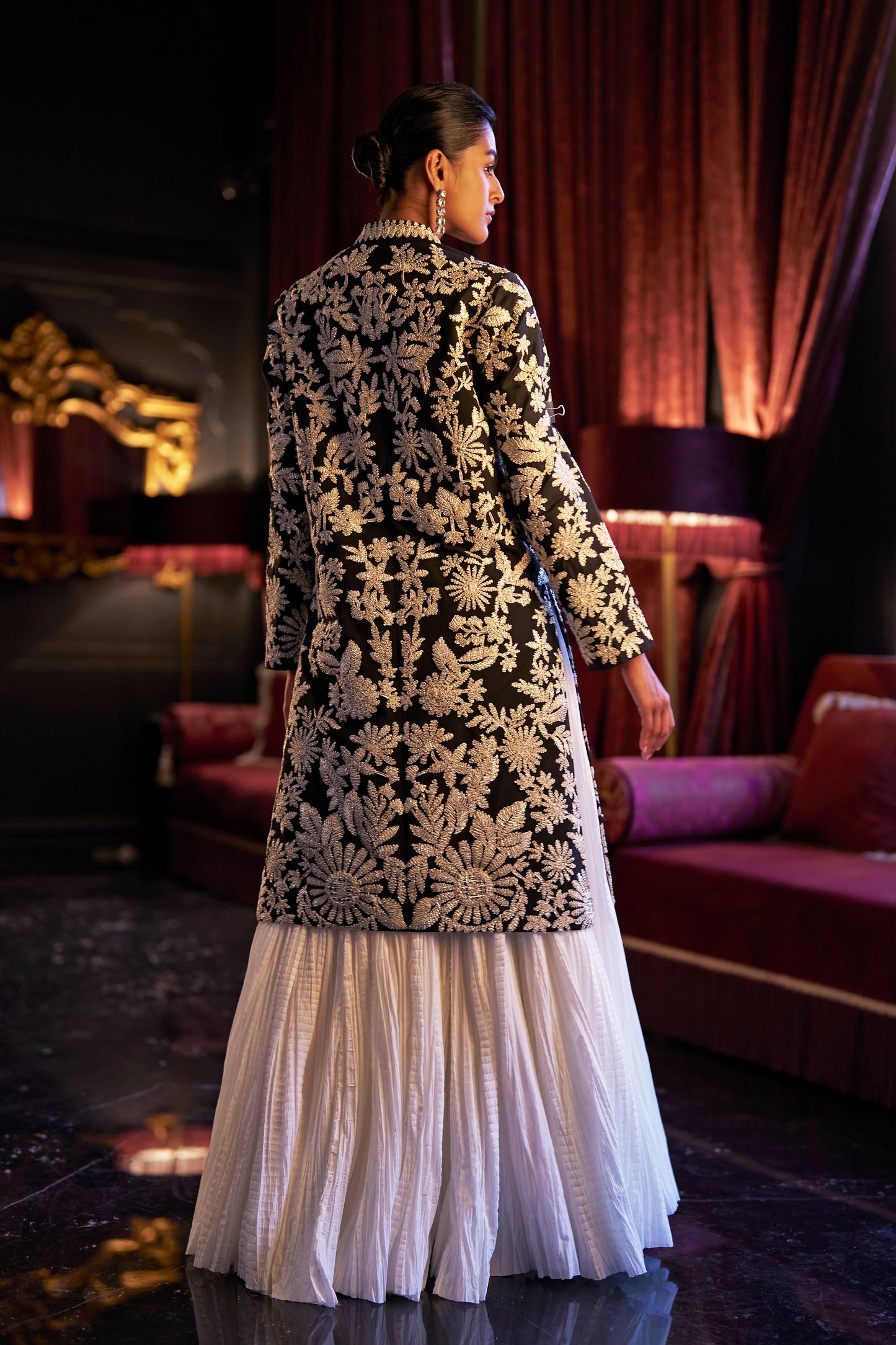 GOTA EMBROIDERED LONGLINE JACKET AND CRUSHED SKIRT