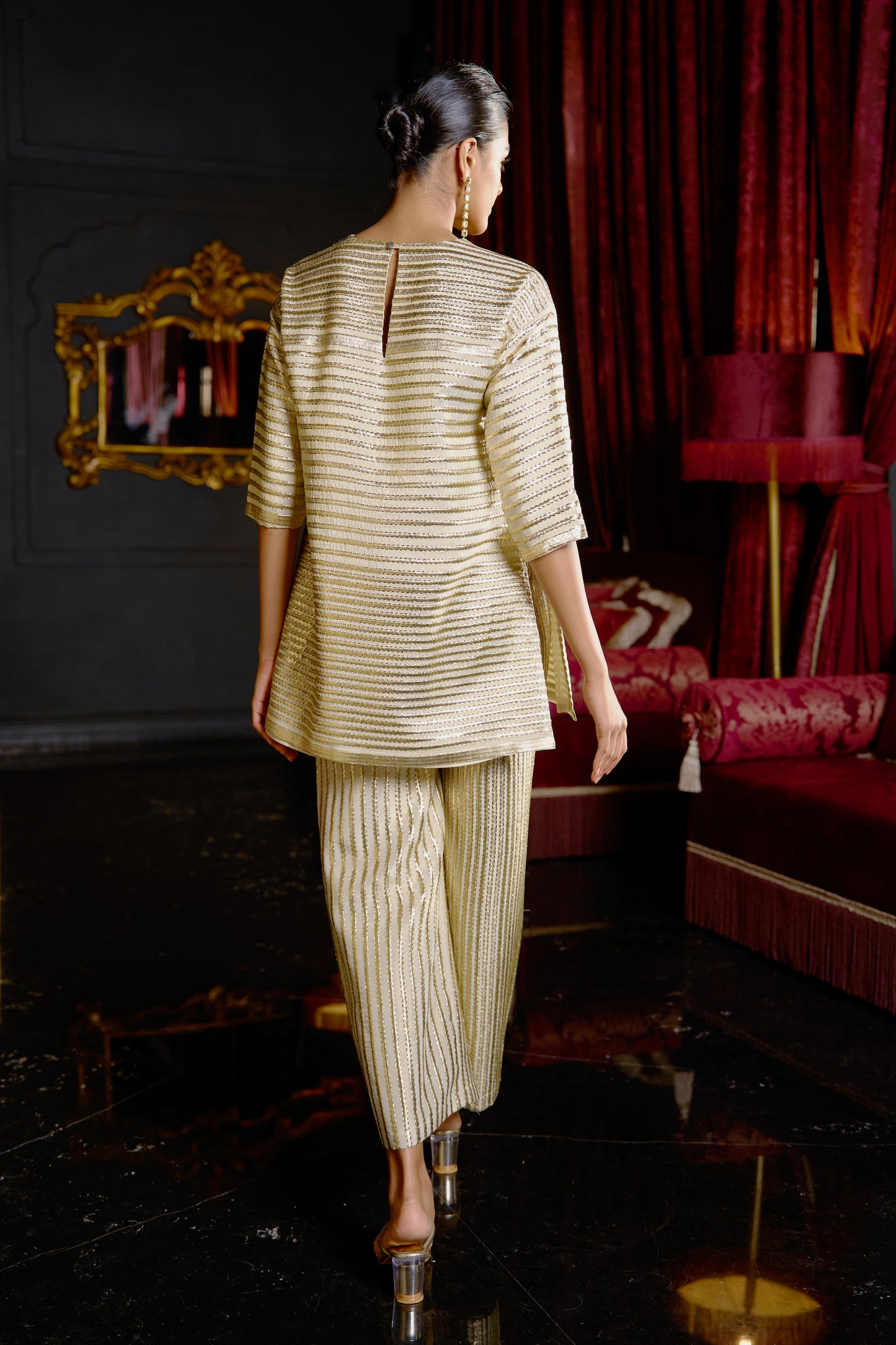 METALLIC STRIPE EMBROIDERED PANT