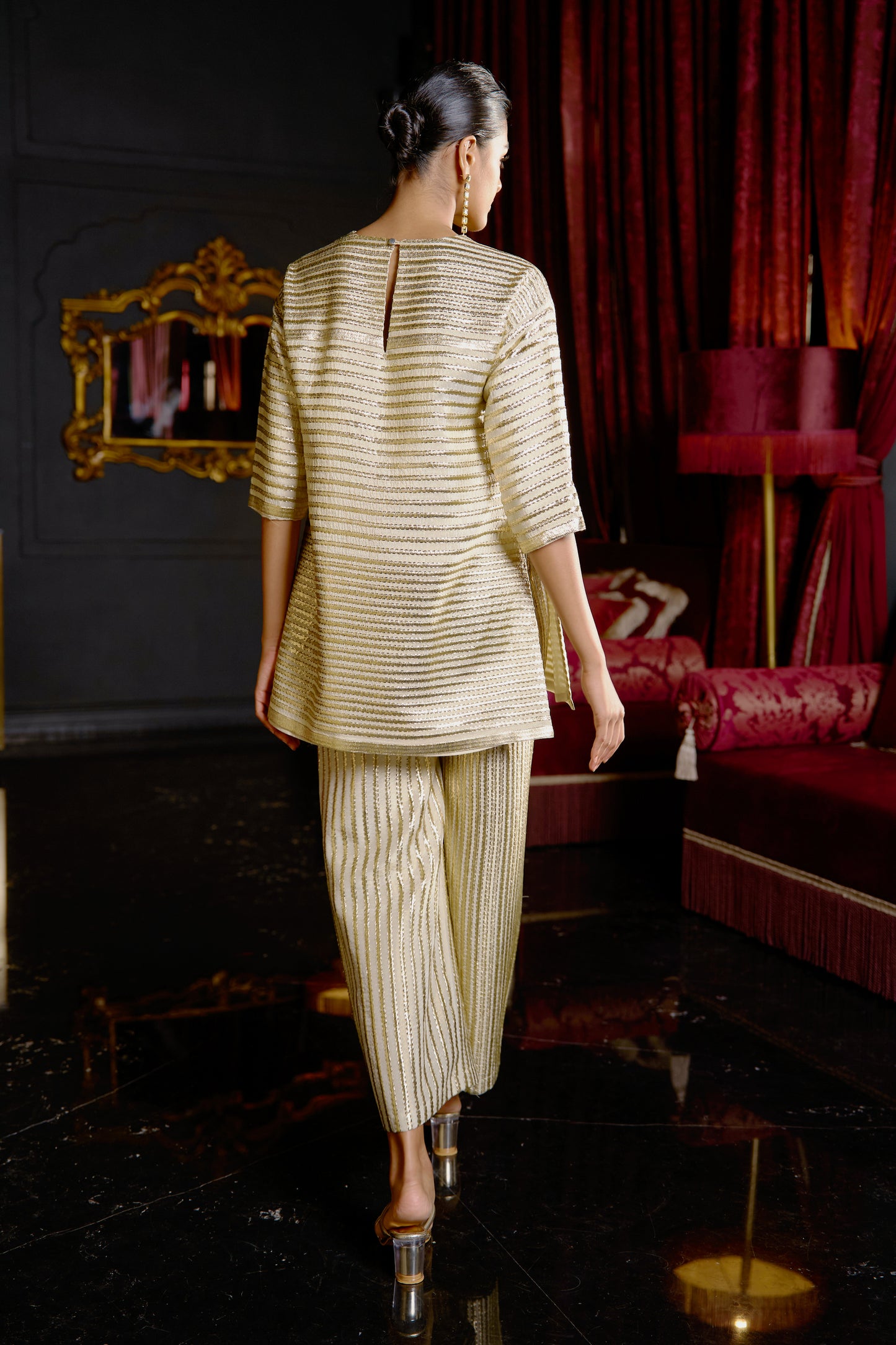 METALLIC STRIPE EMBROIDERED TOP