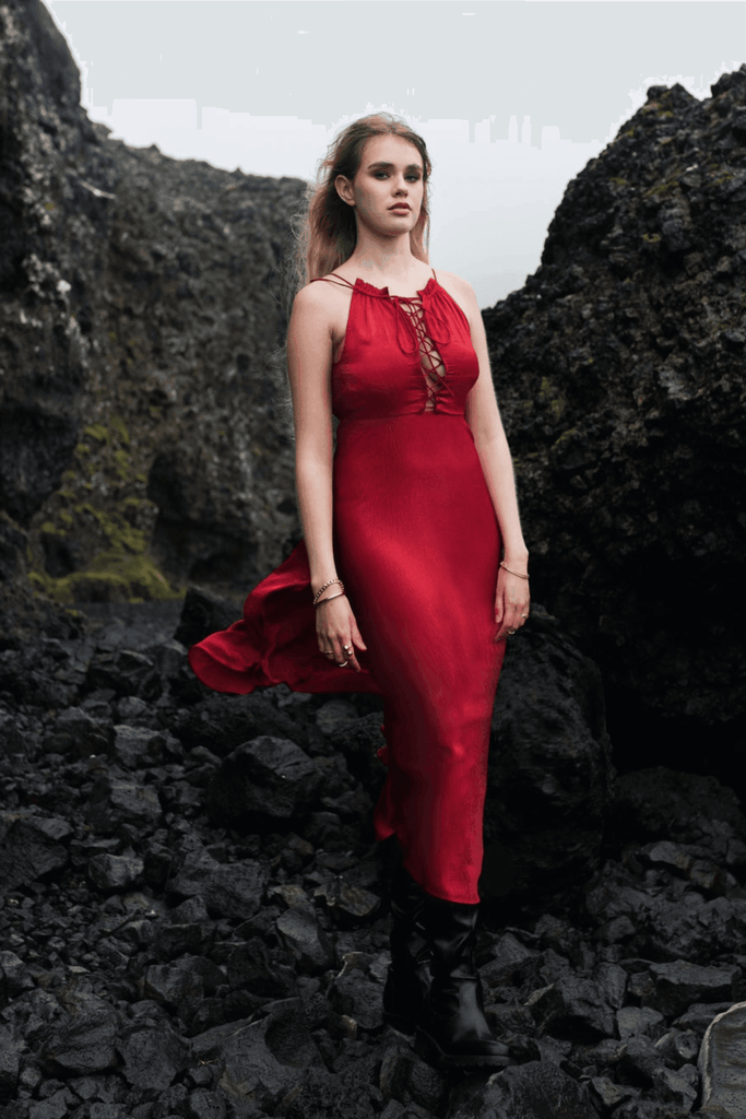 CRIMSON TIE UP DRESS - dash and dot dash and dot