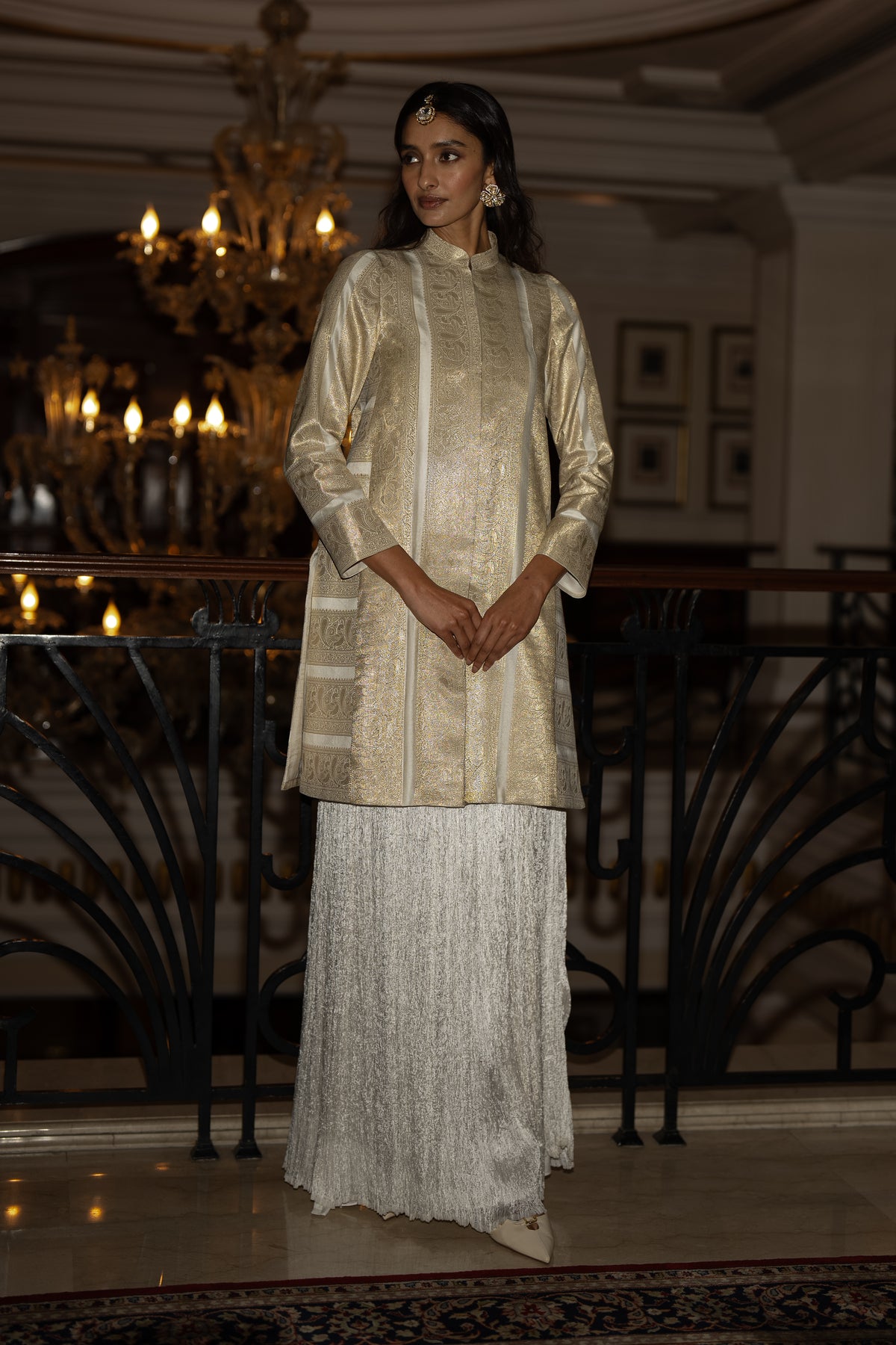 BENARES SILK BROCADE LONGLINE JACKET & CRUSHED CRINKLED MAXI SKIRT