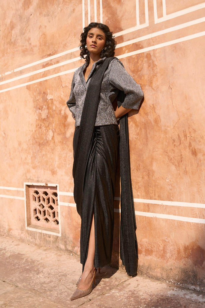 PLEATED METALLIC BLAZER TOP AND BLACK SARI DRAPE SKIRT - dash and dot dash and dot