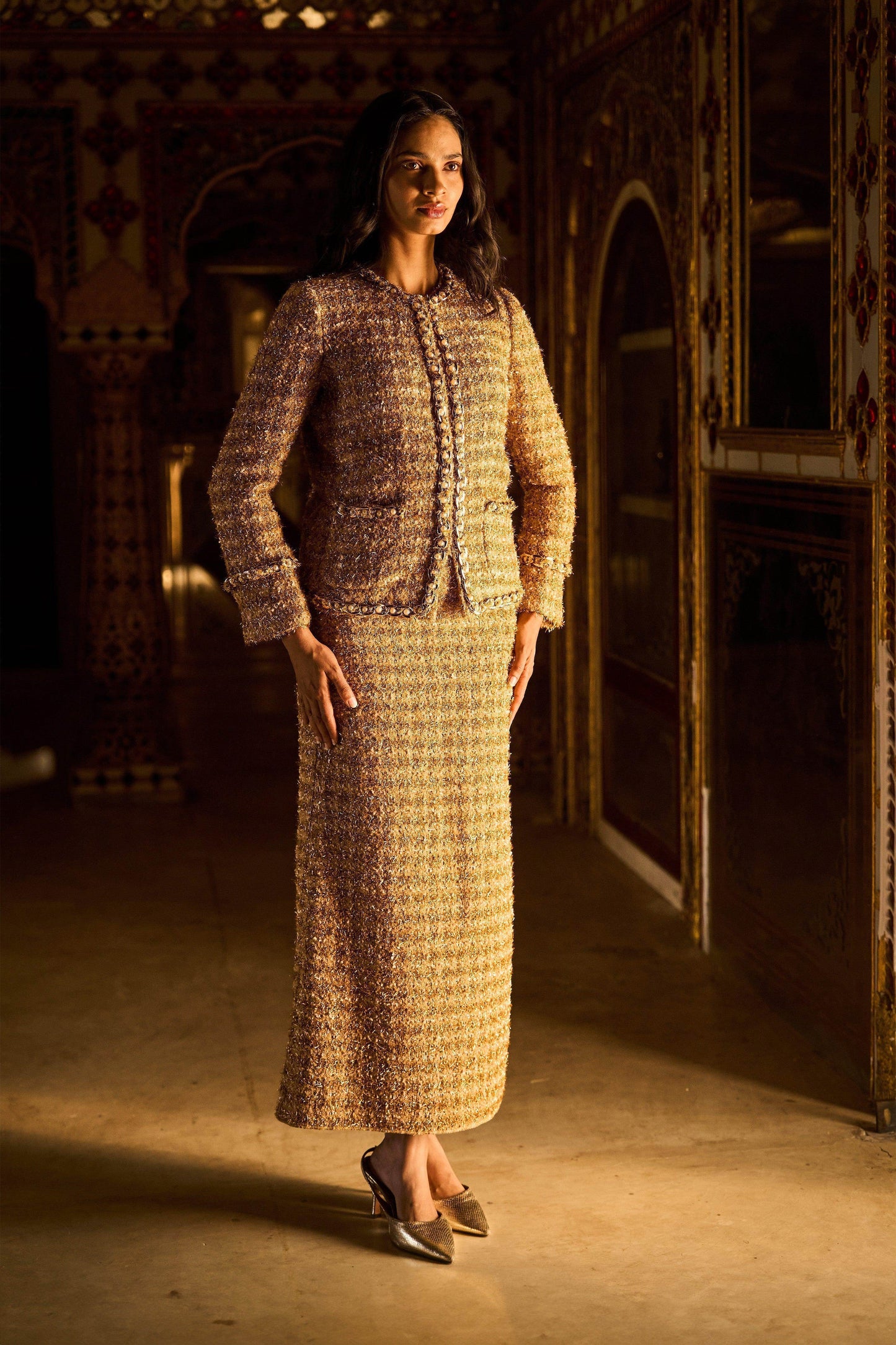 GOLD BOUCLÉ JACKET AND SKIRT - dash and dot