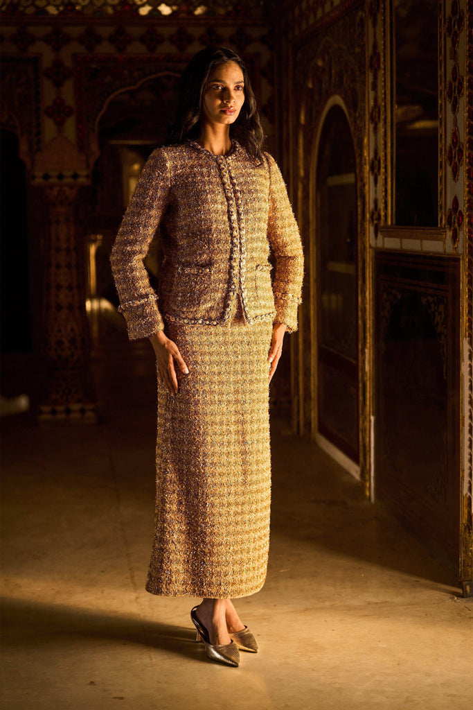 GOLD BOUCLÉ JACKET AND SKIRT - dash and dot dash and dot