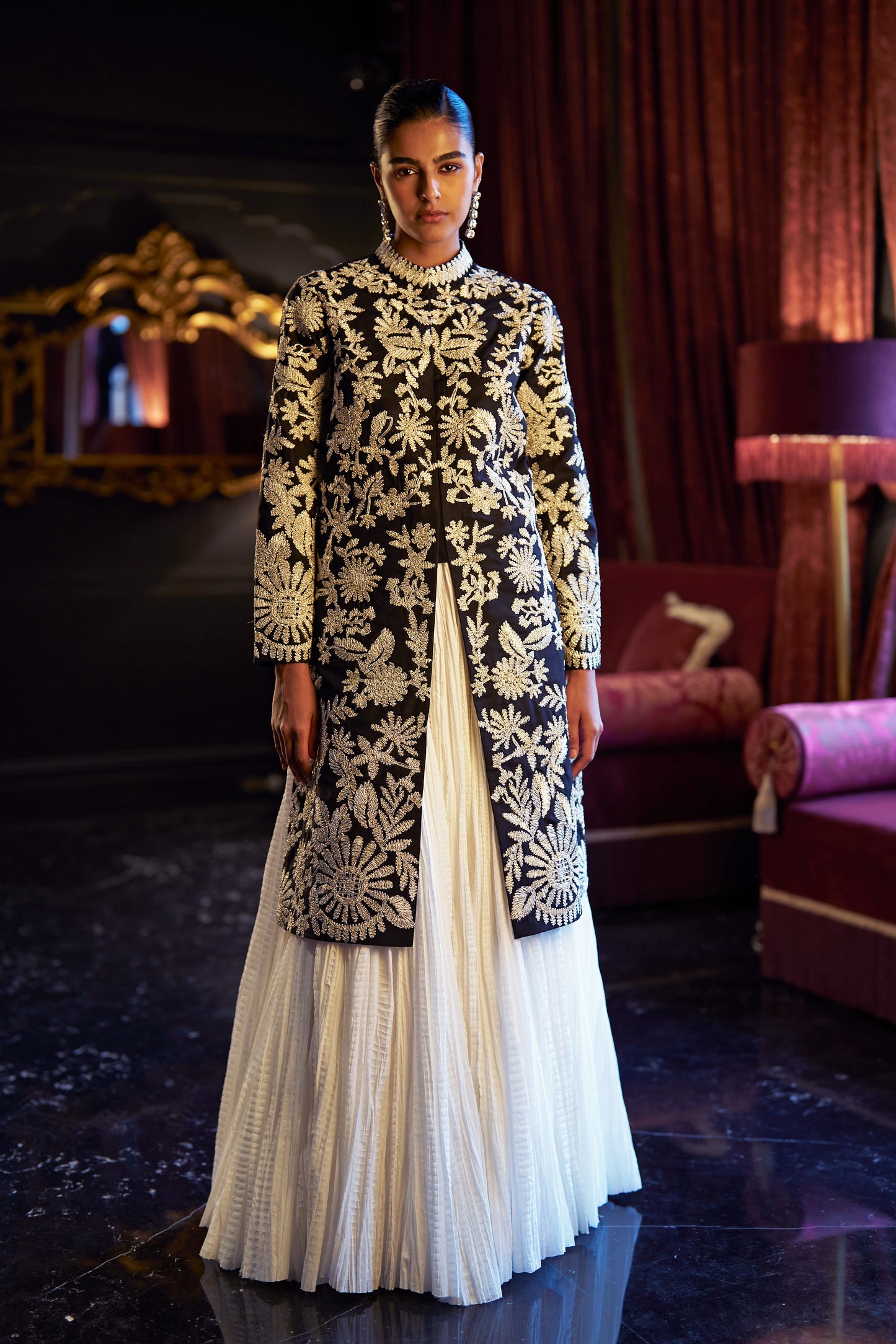 GOTA EMBROIDERED LONGLINE JACKET AND CRUSHED SKIRT