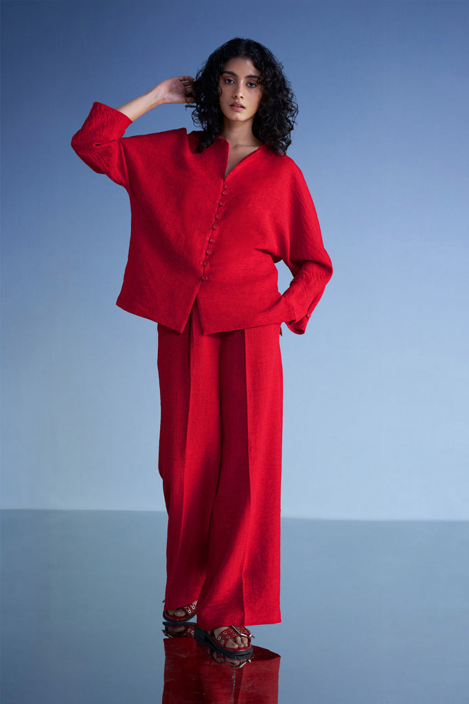 BUTTONED CUFF LINEN-TEXTURED SHIRT & WIDE-LEGGED PANT SET dash and dot
