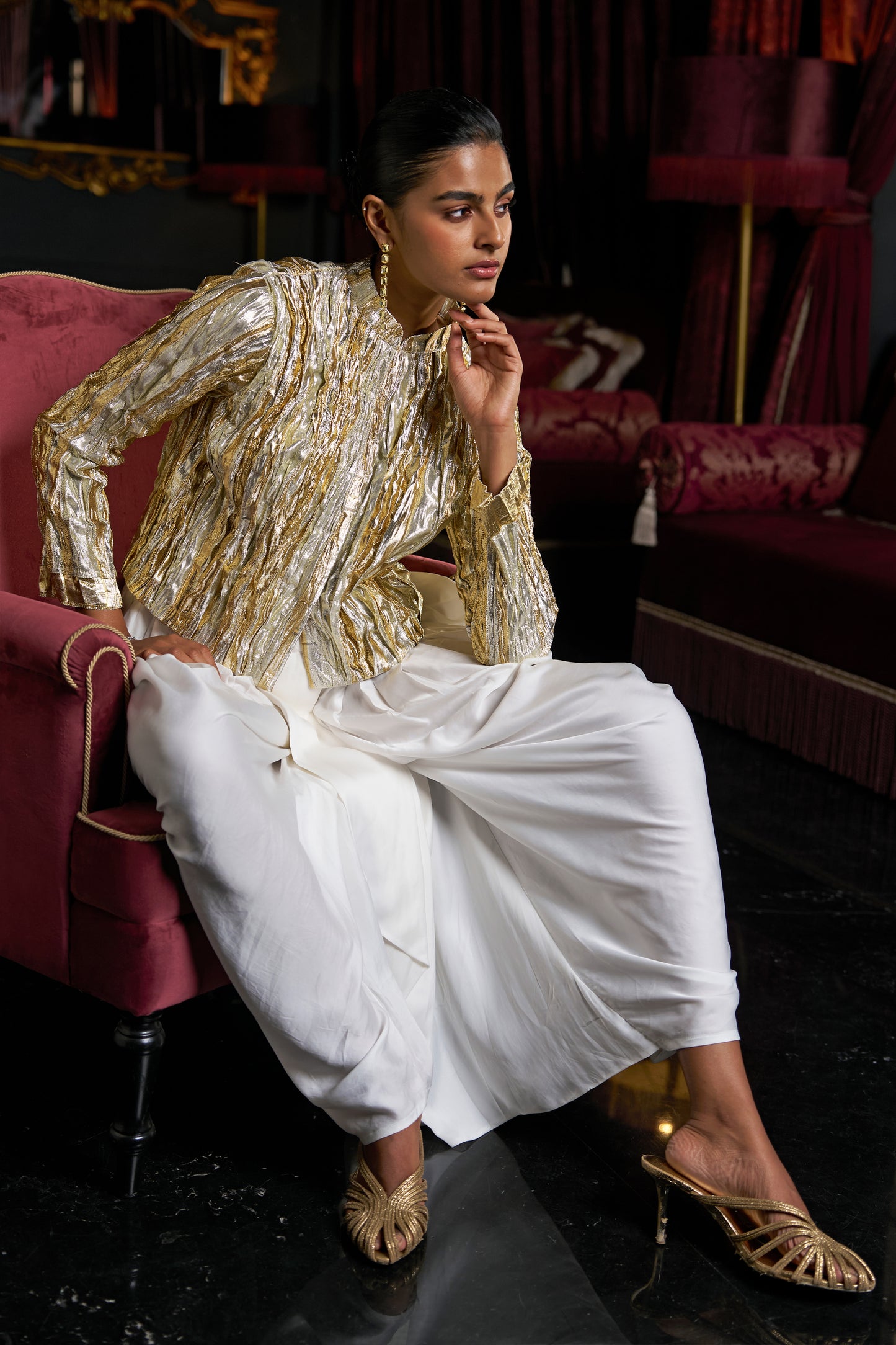 CRUSHED GOTA WEAVE BOLERO & IVORY COWL PANT