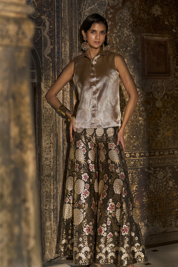 BENARES BROCADE SLEEVELESS SHIRT AND FLARED MOTIF PANT dash and dot