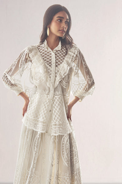 LACE & RUFFLE SHIRT & A-LINE LACE SKIRT