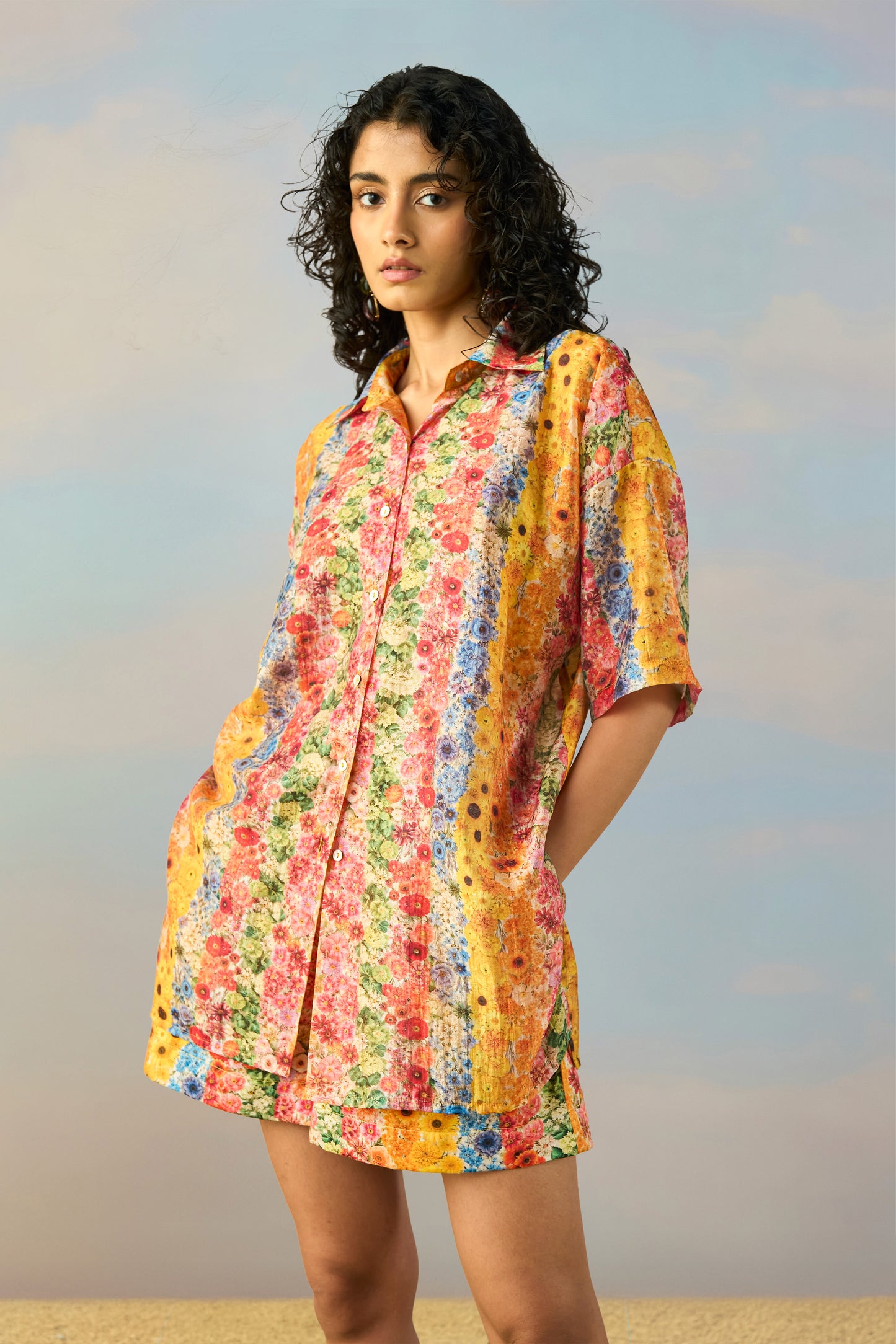 BOTANICAL STRIPE PRINT BRALETTE, SHIRT & SHORTS SET