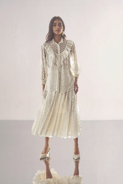 LACE & RUFFLE SHIRT & A-LINE LACE SKIRT