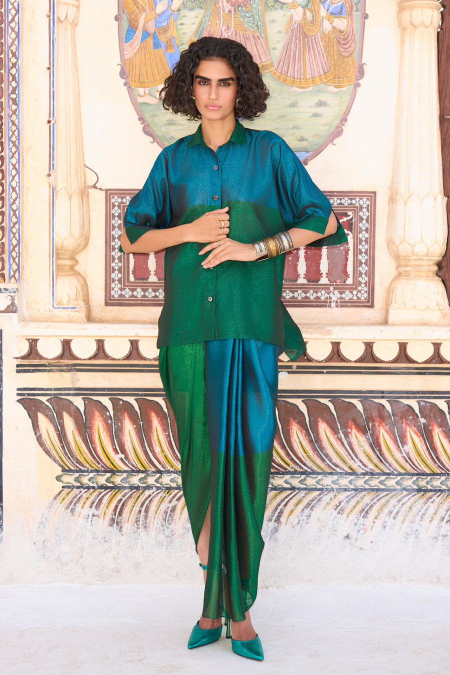COLOUR BLOCKING BENARES TISSUE SHIRT & SKIRT SET