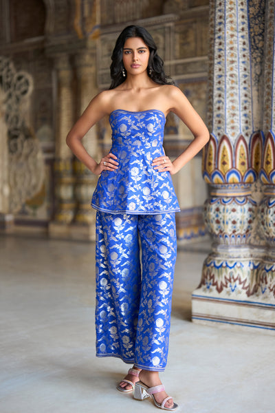BENARES BROCADE PEPLUM CORSET TOP & WIDE-LEGGED PANT SET