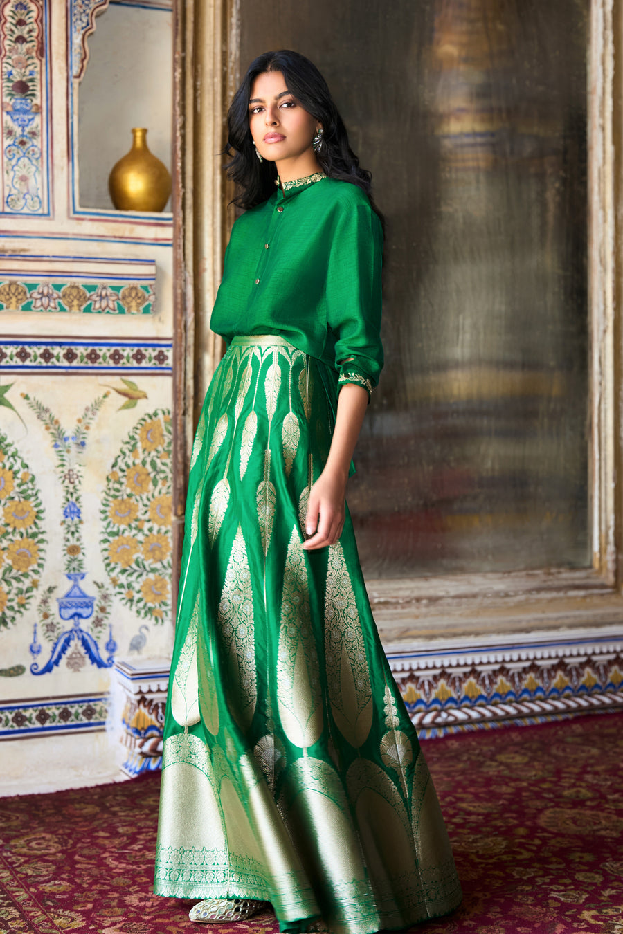 EMBROIDERED MOTIF TEXTURED SHIRT & BENARES BROCADE FLARED MAXI SKIRT