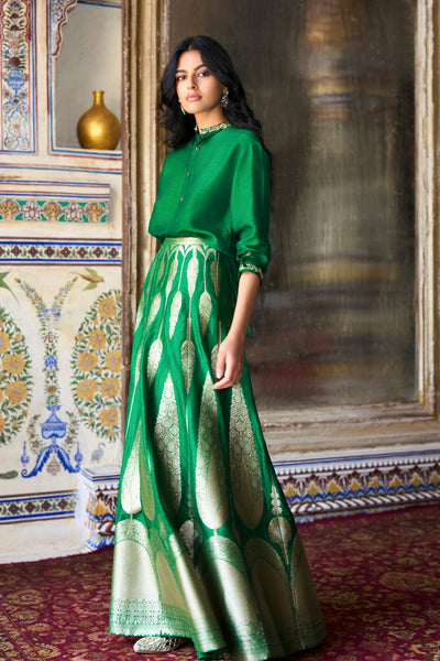 EMBROIDERED MOTIF TEXTURED SHIRT & BENARES BROCADE FLARED MAXI SKIRT