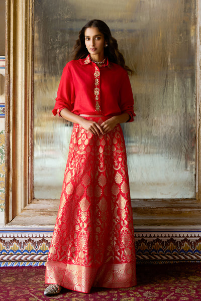 EMBROIDERED MOTIF TEXTURED SHIRT & BENARES BROCADE FLARED MAXI SKIRT