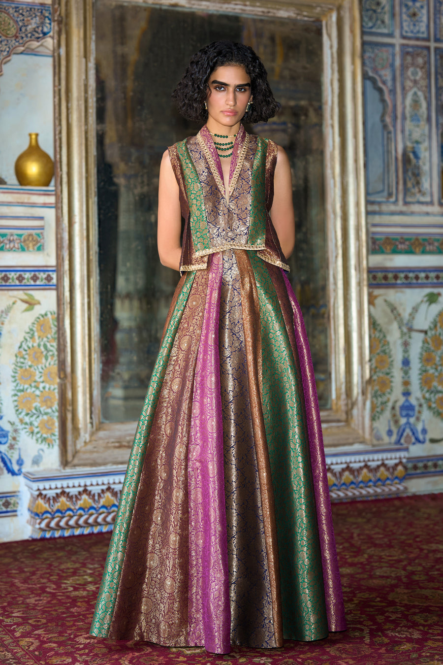 EMBROIDERED BENARES BROCADE WAISTCOAT & SKIRT SET