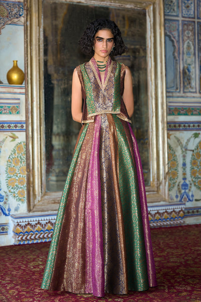 EMBROIDERED BENARES BROCADE WAISTCOAT & SKIRT SET