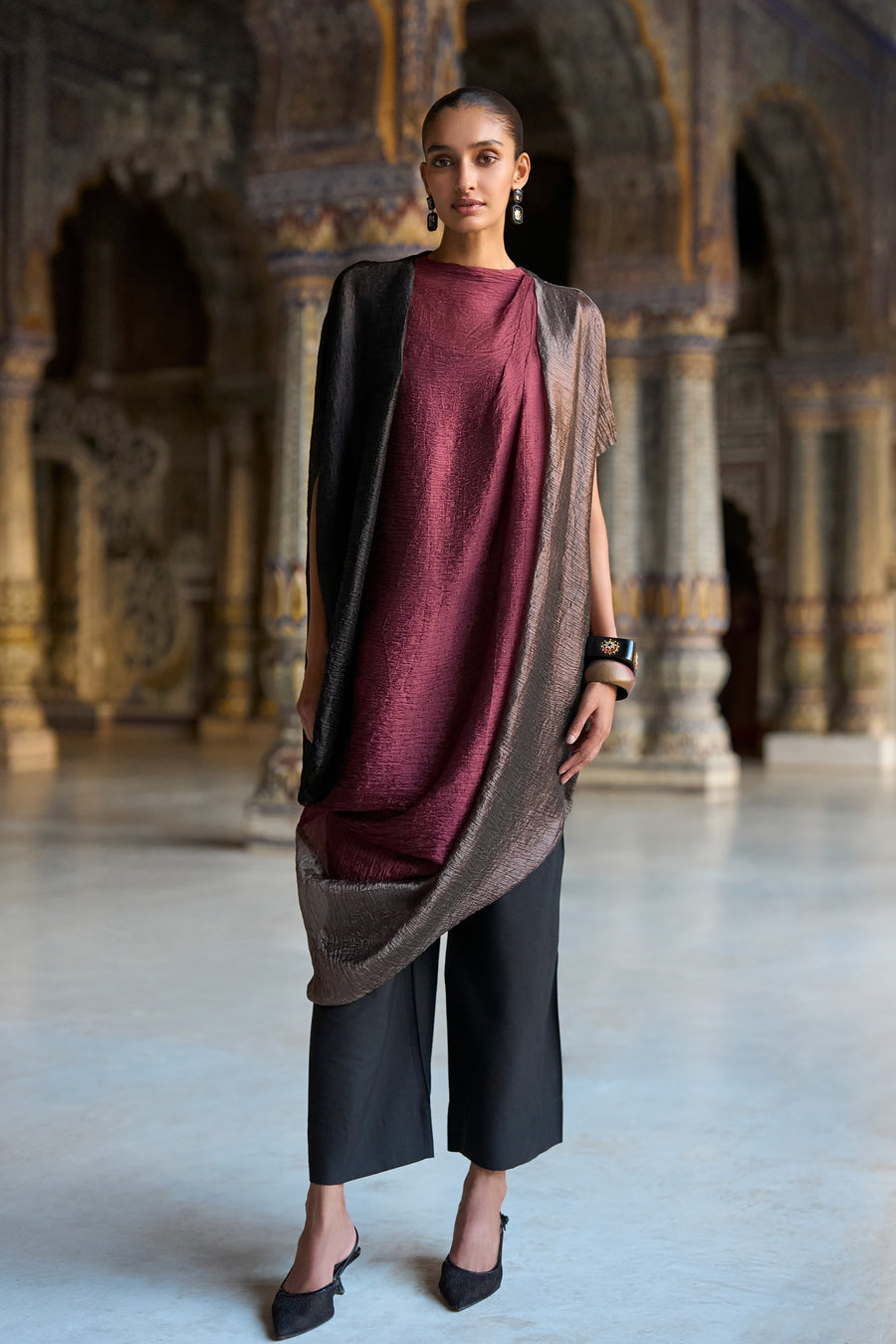 DRAPED & CRUSHED COLOUR BLOCKED TOP & STRAIGHT LEGGED PANT