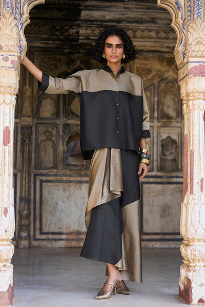 BENARES TISSUE COLOUR BLOCKED SHIRT & DRAPED SKIRT SET
