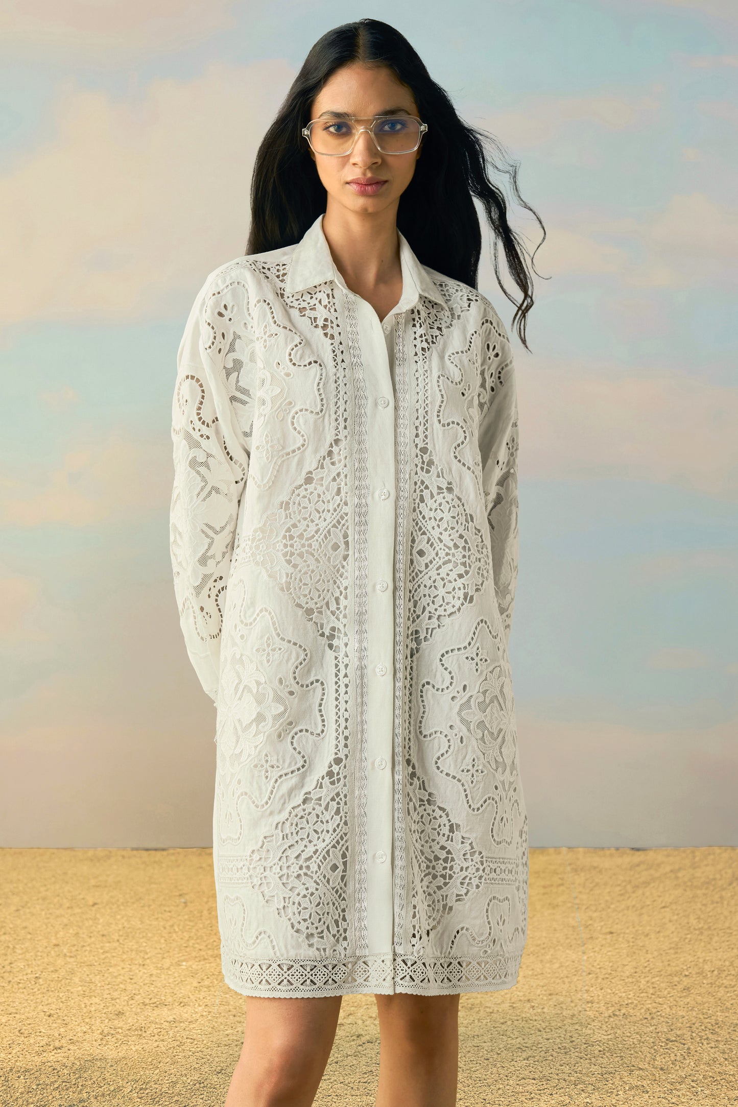 LINEN CUTWORK & LACE EMBROIDERED SHIRT DRESS