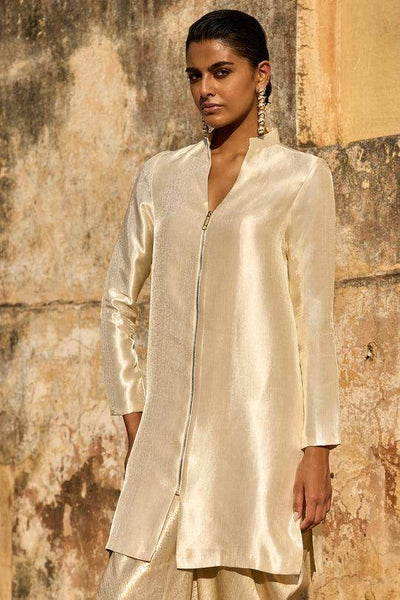 IVORY STRUCTURED LONGLINE TOP & LIGHT GOLD COWLED PANT - dash and dot