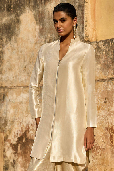 IVORY STRUCTURED LONGLINE TOP & LIGHT GOLD COWLED PANT - dash and dot