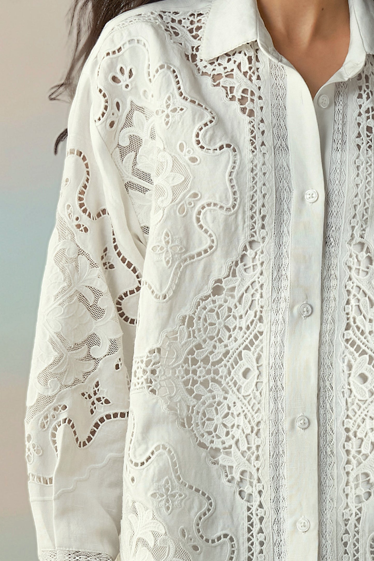 LINEN CUTWORK & LACE EMBROIDERED SHIRT DRESS