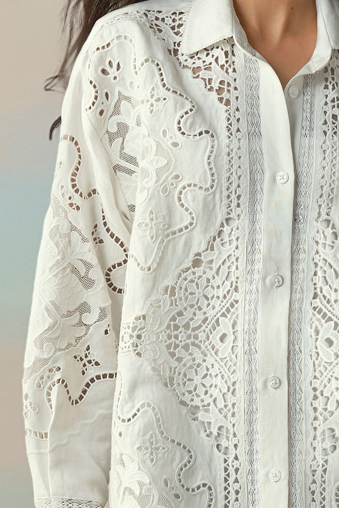 LINEN CUTWORK & LACE EMBROIDERED SHIRT DRESS dash and dot