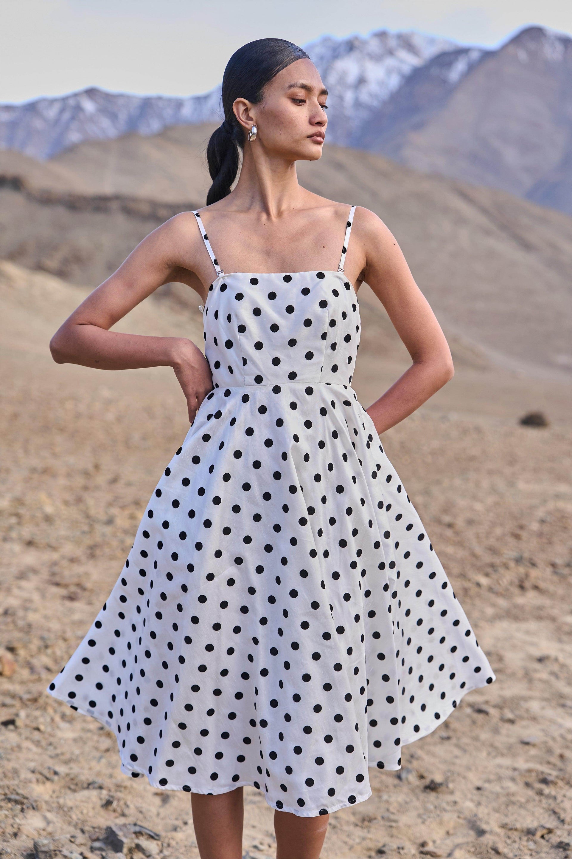 POLKA DOT FLARED DRESS XXS White/Black