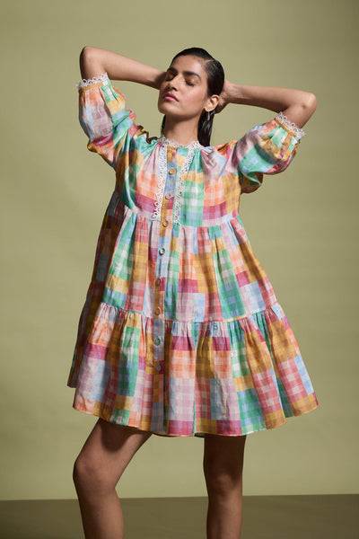 MULTICOLOUR CHECK TIERED MIDI DRESS - dash and dot