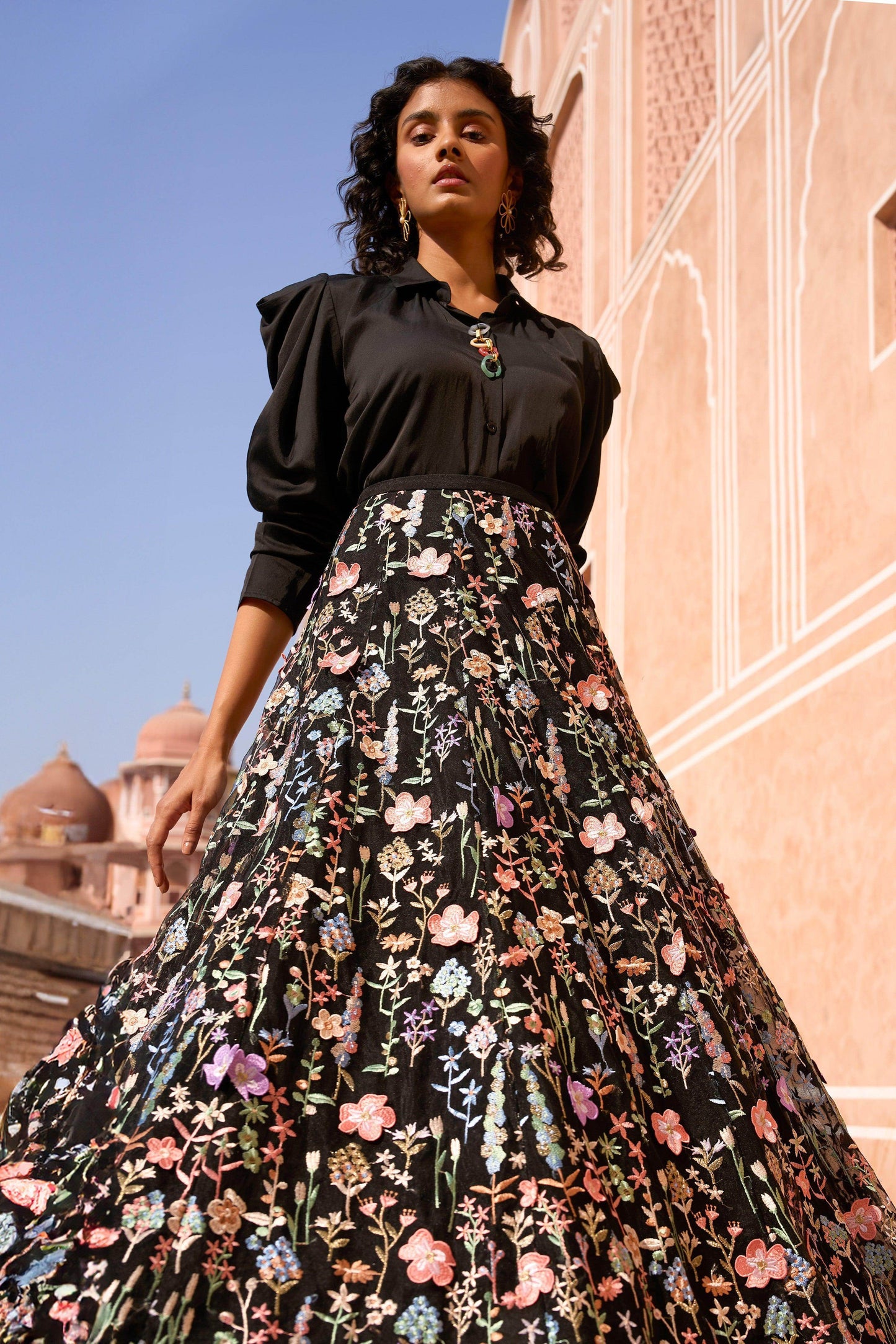 3D FLORAL MAXI SKIRT AND CHAIN NECK SHIRT - dash and dot