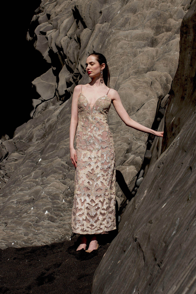 STATEMENT CHAMPAGNE SEQUIN EMBROIDERED GOWN - dash and dot dash and dot