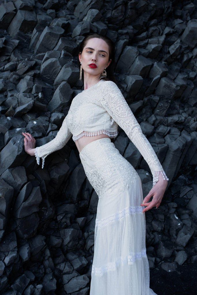 WHITE ON WHITE EMBROIDERED FLARED SKIRT SET - dash and dot dash and dot