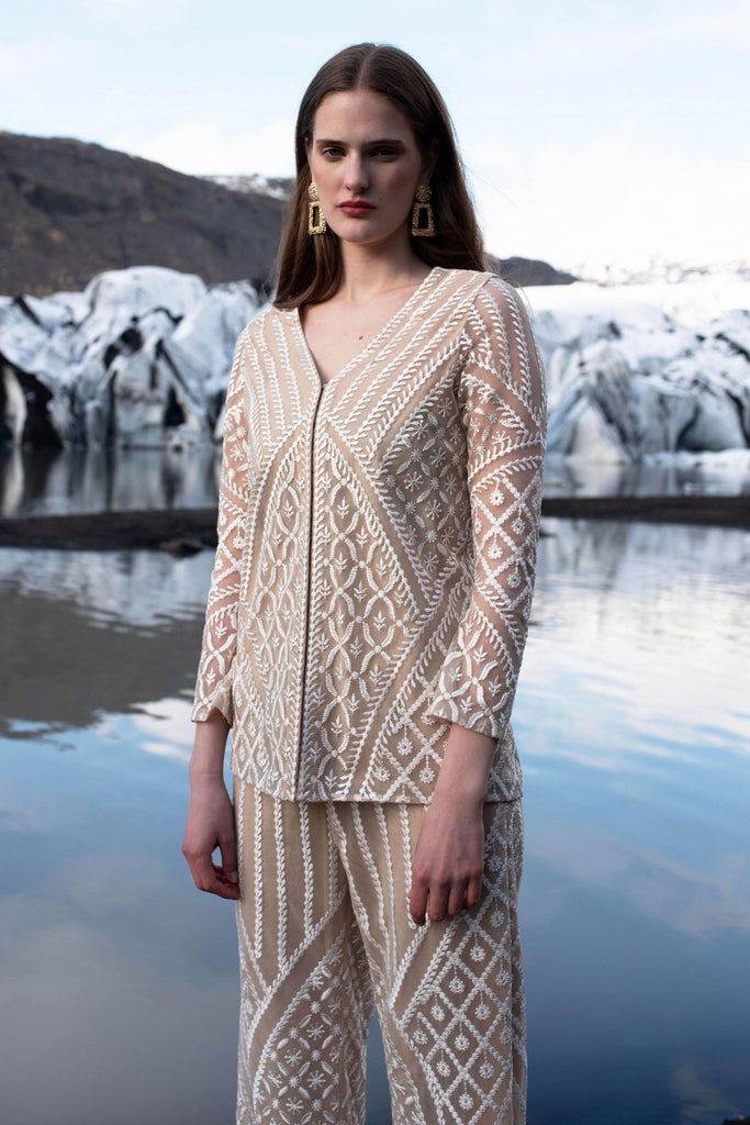 WHITE ON NUDE EMRBOIDERED V-NECK TOP - dash and dot dash and dot