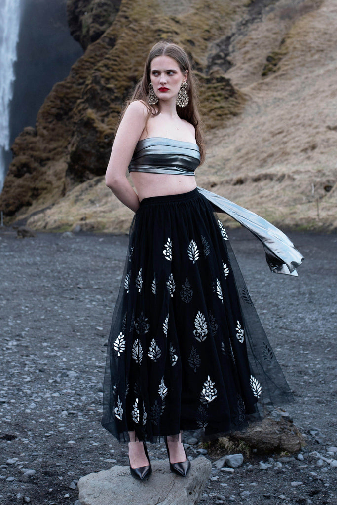 SILVER AND BLACK APPLIQUE MAXI SKIRT SET - dash and dot dash and dot