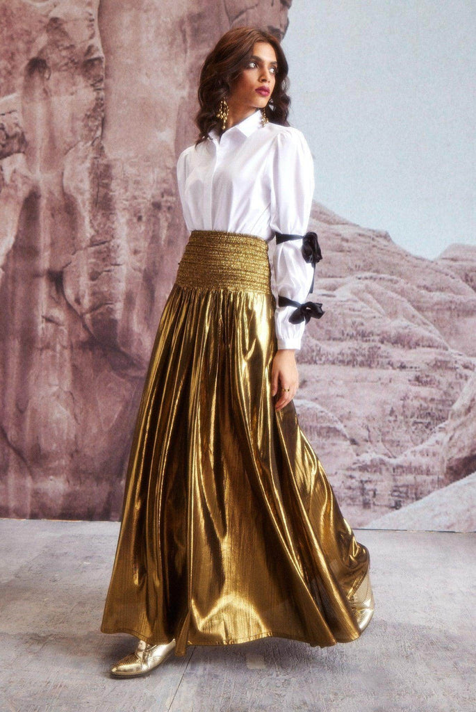 FIT & FLARE GOLD SKIRT - dash and dot dash and dot