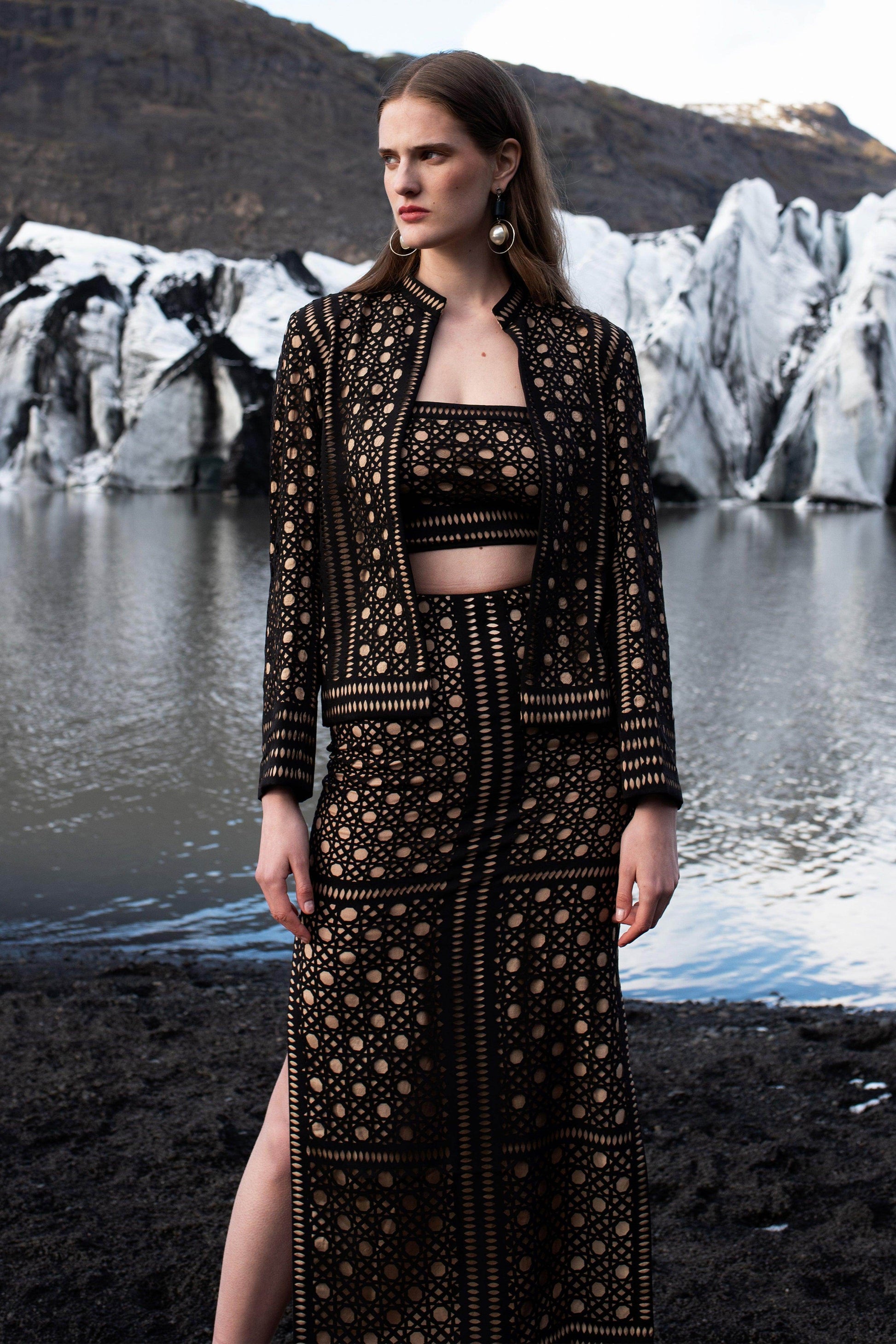 CANING CUTWORK BANDEAU AND SKIRT SET - dash and dot