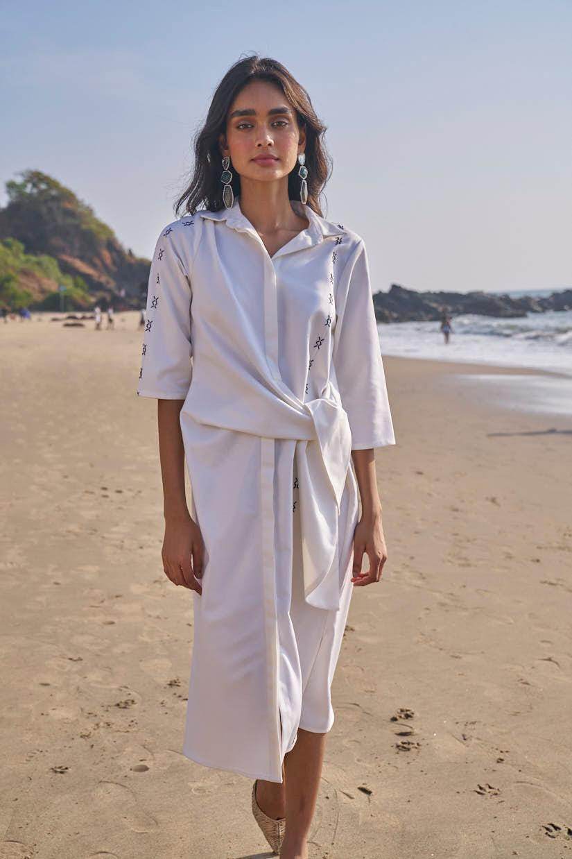 SIDE TIE CROSS STITCHED SHIRT DRESS - dash and dot