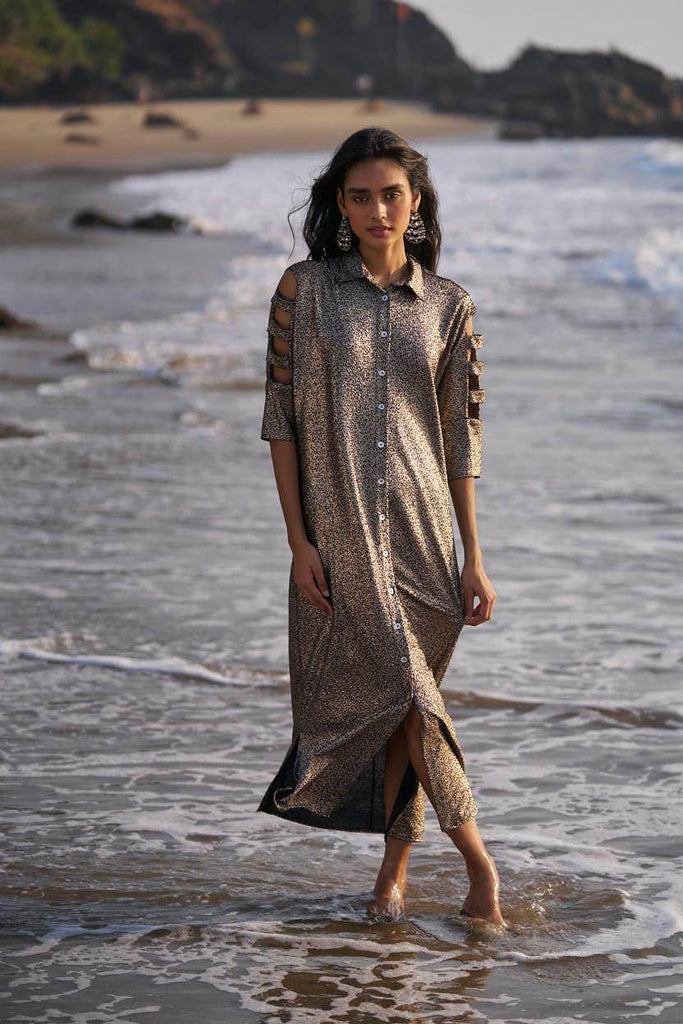 SHIMMERING CUTOUT SLEEVE SHIRT DRESS - dash and dot dash and dot