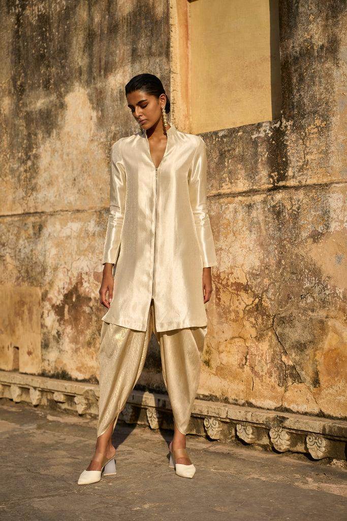IVORY STRUCTURED LONGLINE TOP & LIGHT GOLD COWLED PANT - dash and dot dash and dot