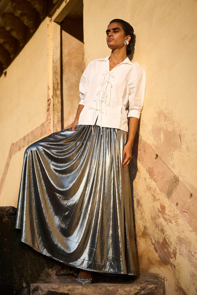 FIT & FLARE SILVER SKIRT - dash and dot dash and dot