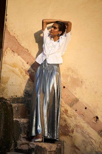 TIE FRONT SHIRT AND FIT & FLARE SILVER SKIRT - dash and dot