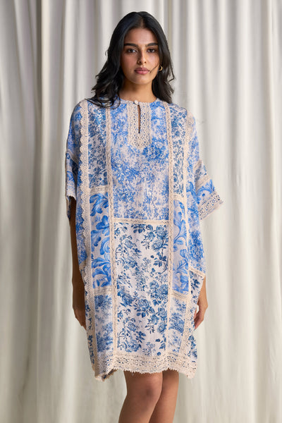 SILK-LINEN PORCELAIN PRINT PATCHWORK DRESS