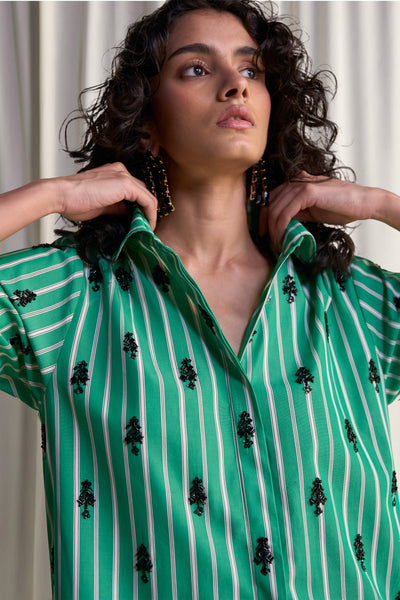 MOTIF BEAD EMBROIDERED STRIPE SHIRT