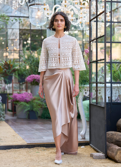 PEARL & SEQUIN CAPE BLOUSE & SATIN DRAPED SKIRT