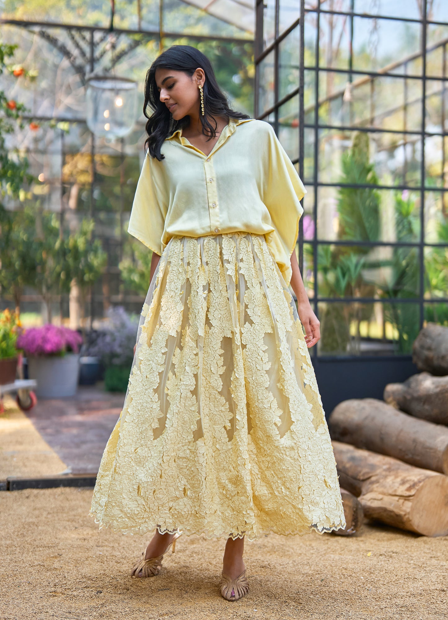 YELLOW SATIN SHIRT & CUTWORK LACE APPLIQUÉ FLARED SKIRT